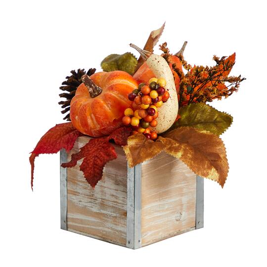 8" Pumpkin, Gourd, Berries & Pinecones Autumn Arrangement In Natural Washed Vase